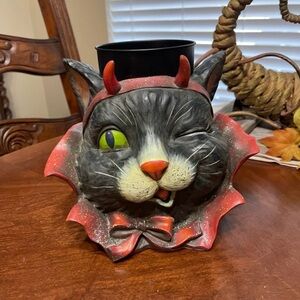Halloween Mischievous Winking Black Cat Devil Horns Candle Holder Centerpiece